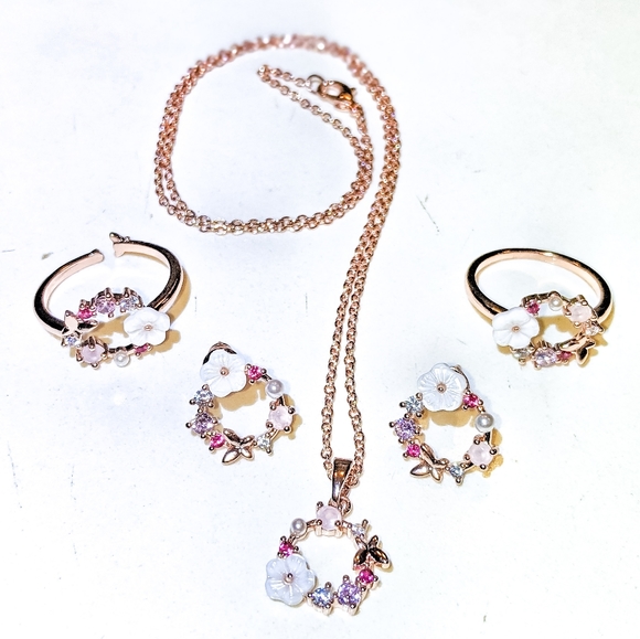 14k Gold - 925 Sterling Silver Necklace & Earrings Rose Quartz Pearl Jewelry Set - Picture 2 of 10